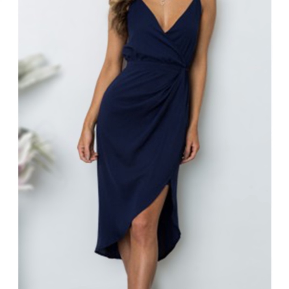 Navy blue asymmetric V-neck dress